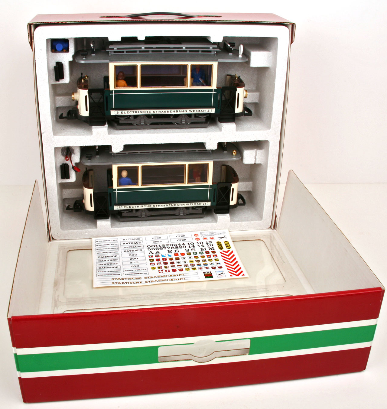 LGB 21355 Trolley Set Electrische Strassenbahn Weimar box with lid open showing all items
